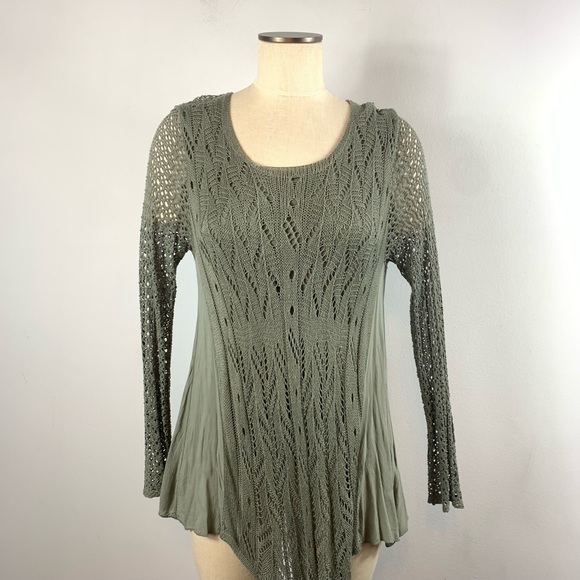 Pala D'oro Tops - Pala D'Oro Olive Green Crocheted Open Knit Layered Boho Long Sleeve Top S/M